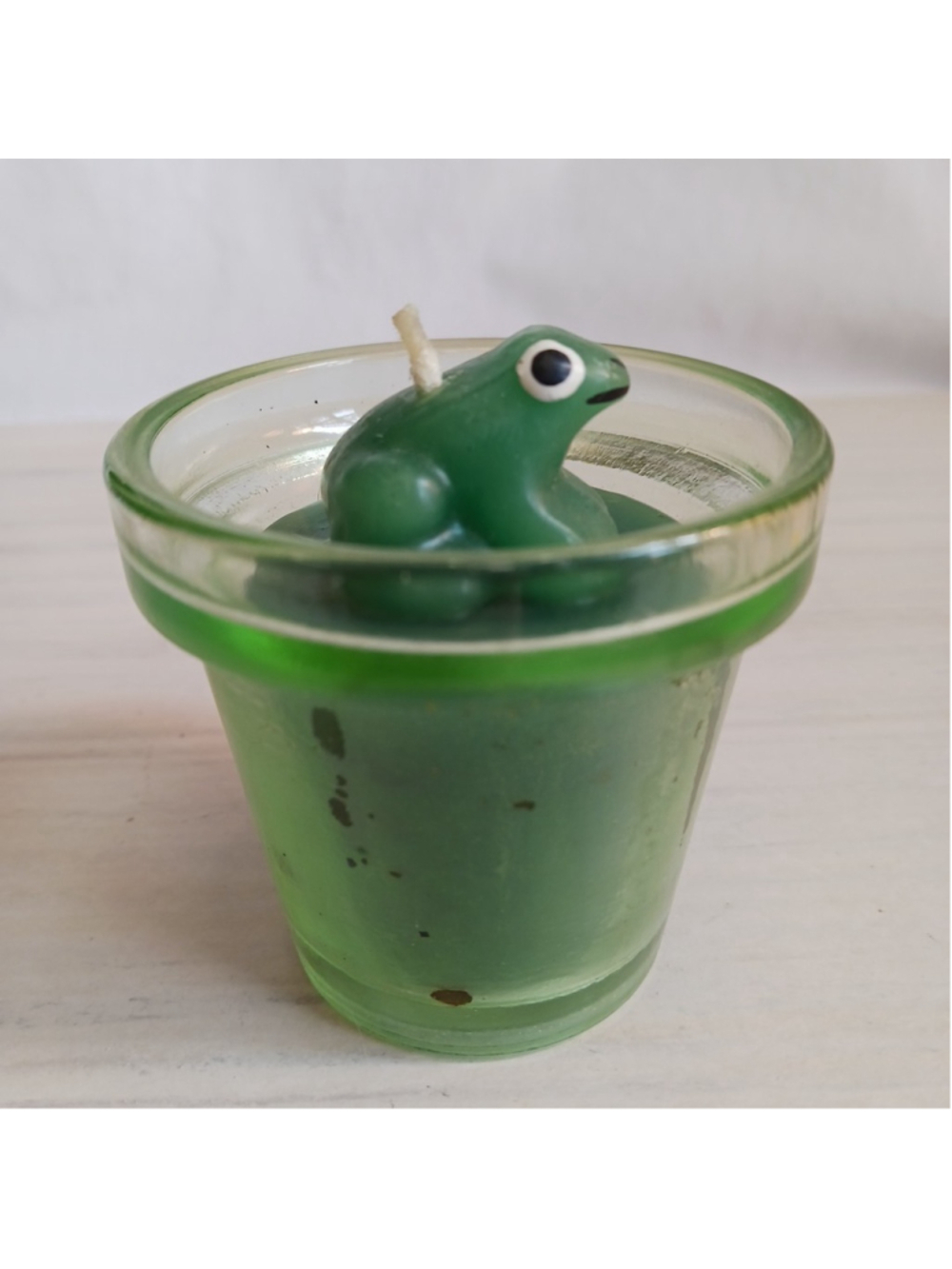 VTG Frog Green Glass Candle Hand Painted Adorable Cottage Core Whimsigoth Amphib